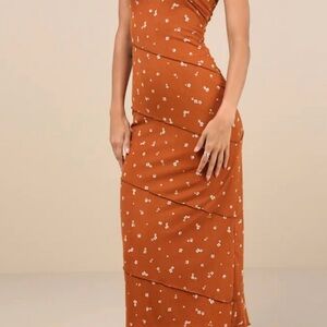 Lulu's Rust One-Shoulder Floral Maxi Dress